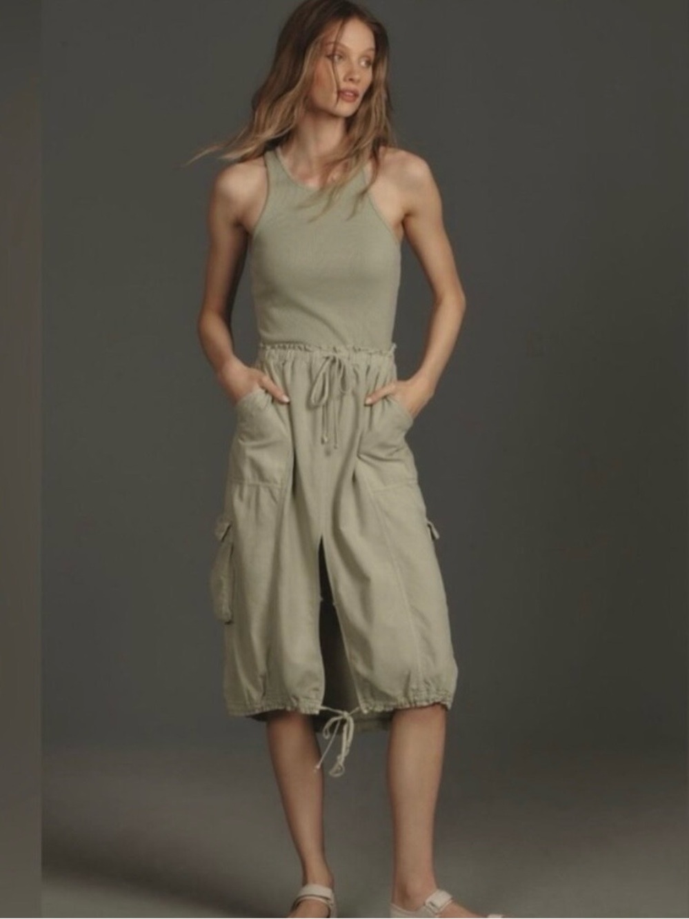 Anthropologie Daily Practice Be Bold Twofer Drawstring Tank Midi Dress, Moss XS
